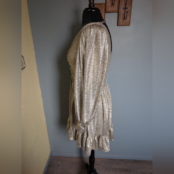 Skies Are Blue Gold Ruffled Wrap Mini Dress Women's Size Small - Picture 13 of 16
